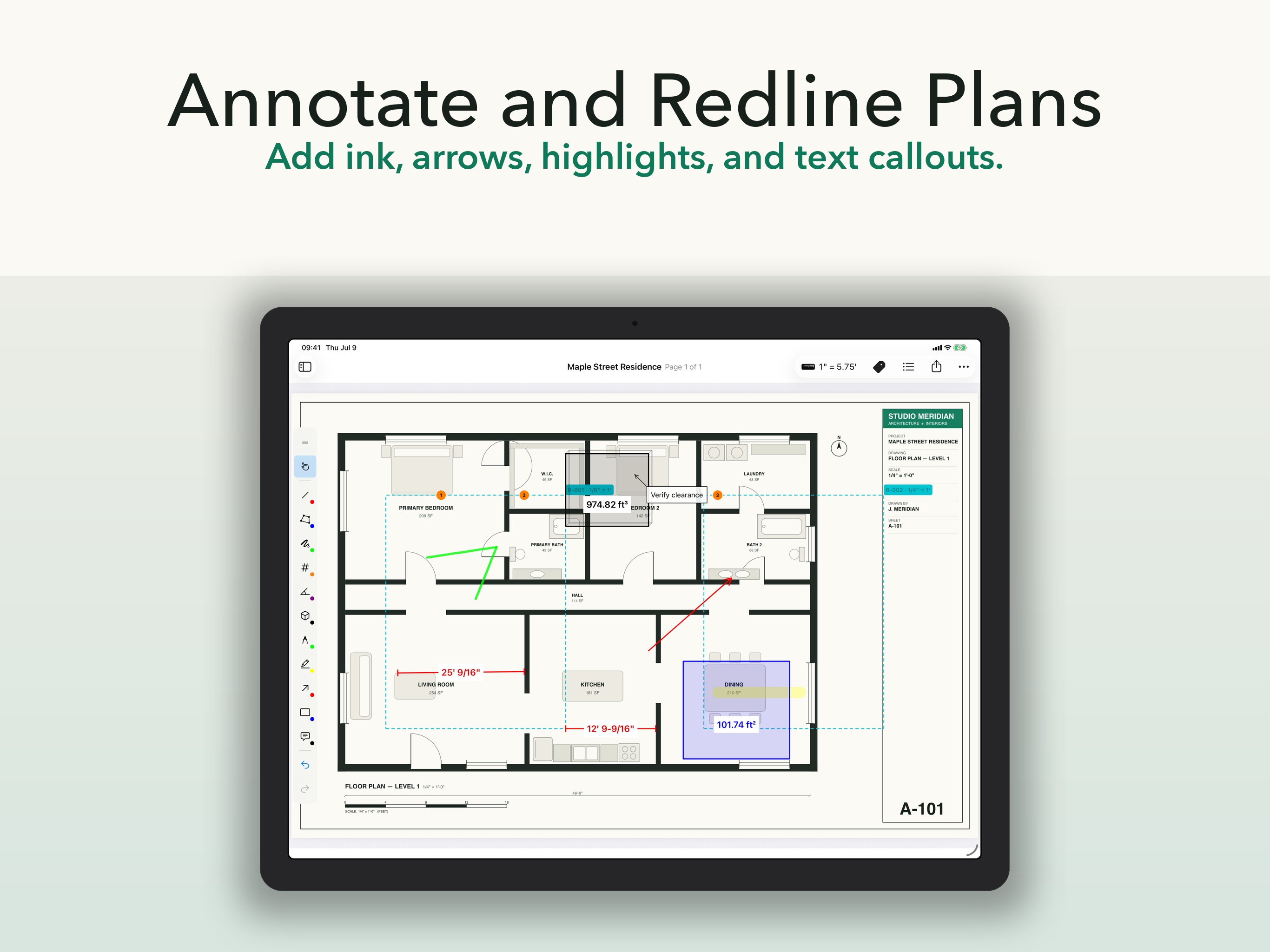 ScaleTap plan review with measurements and redline markups