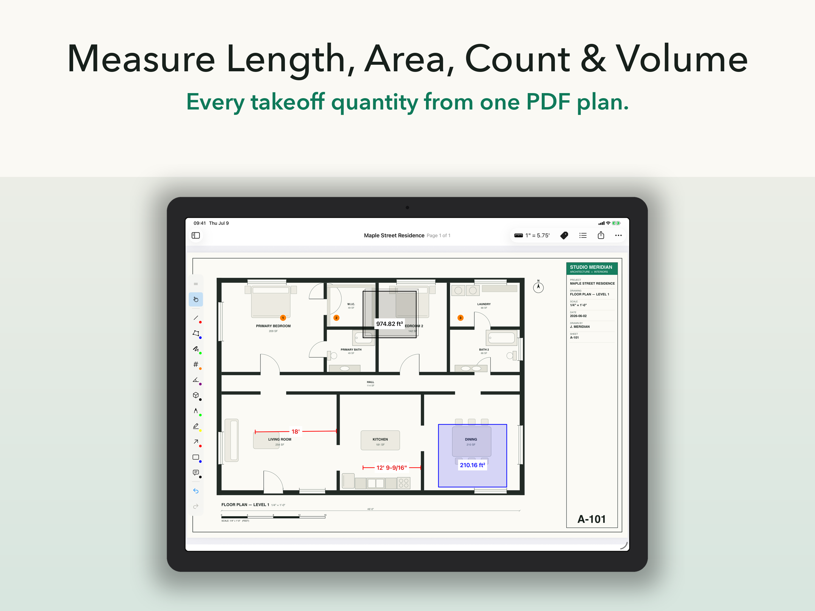 ScaleTap measuring length, area, count, and volume on an architectural floor plan